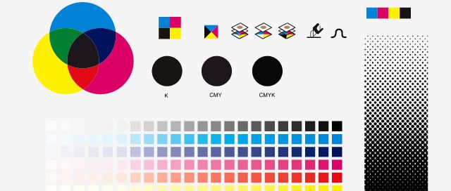 Complete set of Desktop publishing graphic symbol utilities showing color theory for Inexperienced Designers